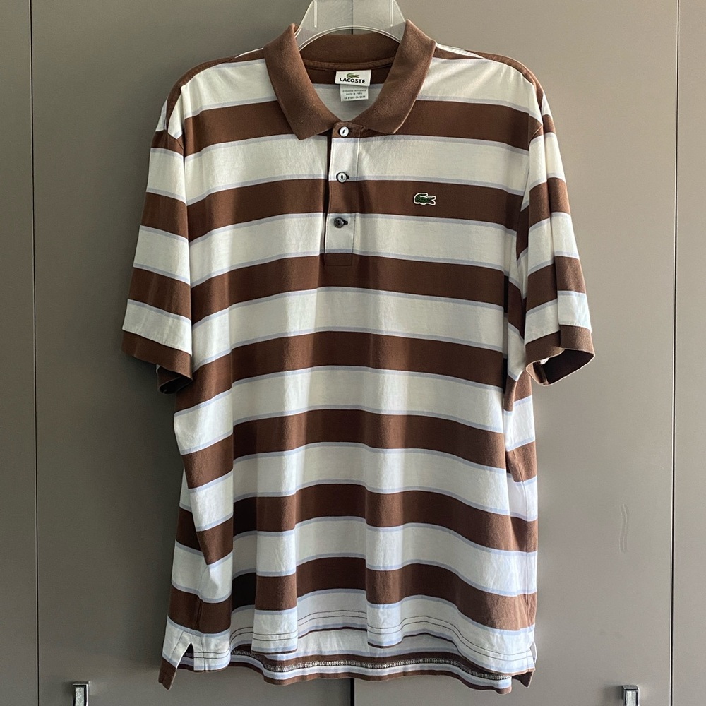 Lacoste Men's Short Sleeve Polo Shirt With Horizontal Brown and White Stripes